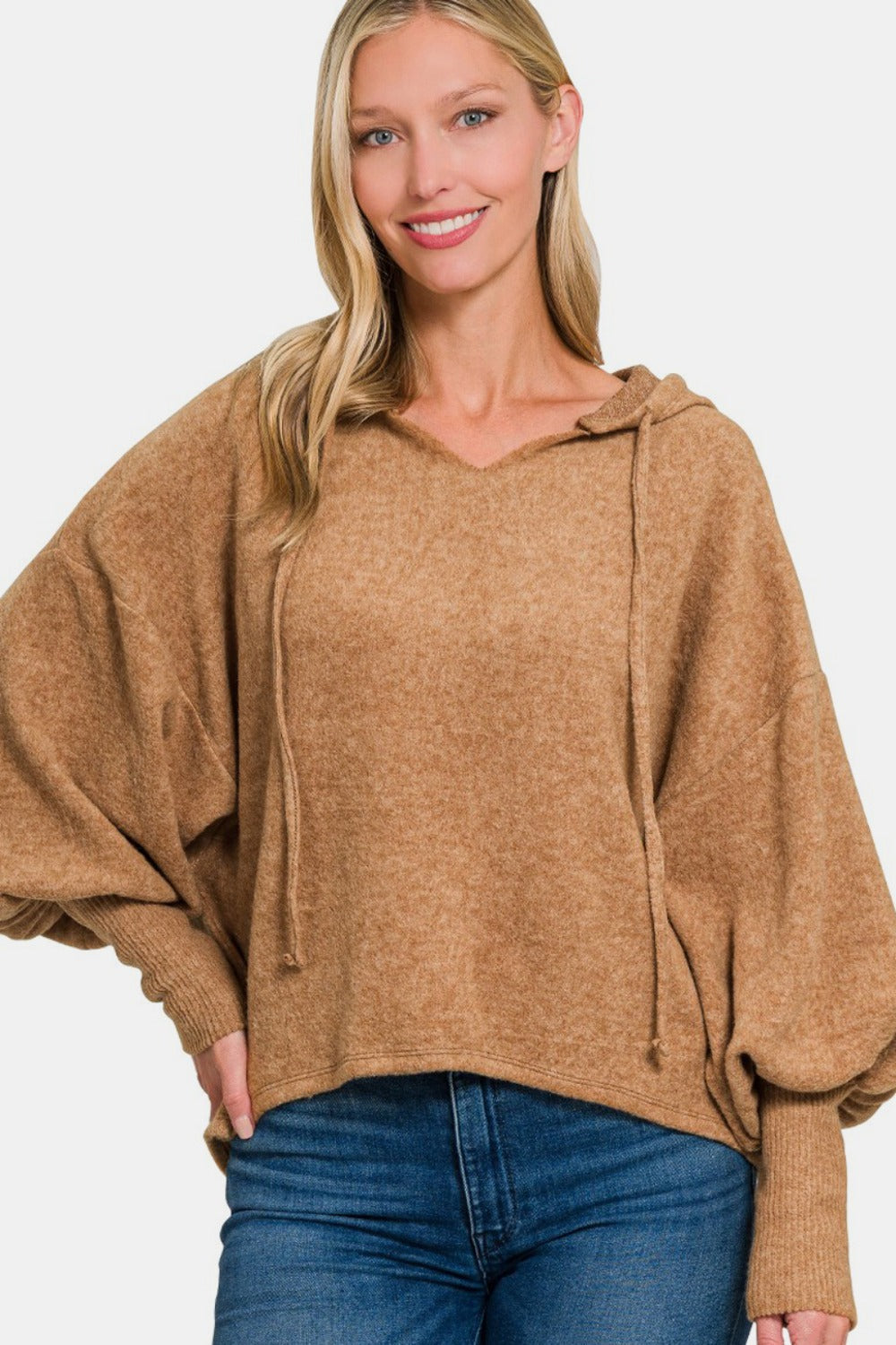 Zenana - Brushed Hacci Balloon Sleeve Hoodie - Camel - Inspired Eye Boutique