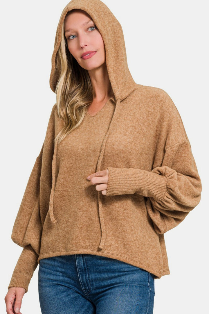 Zenana - Brushed Hacci Balloon Sleeve Hoodie - Camel - Inspired Eye Boutique