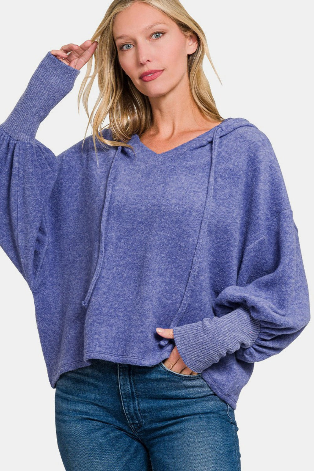 Zenana - Brushed Hacci Balloon Sleeve Hoodie - Marlin - Inspired Eye Boutique