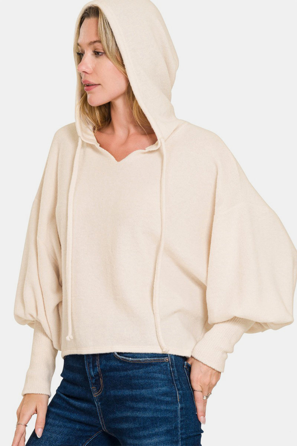 Zenana - Brushed Hacci Balloon Sleeve Hoodie - Sand Beige - Inspired Eye Boutique