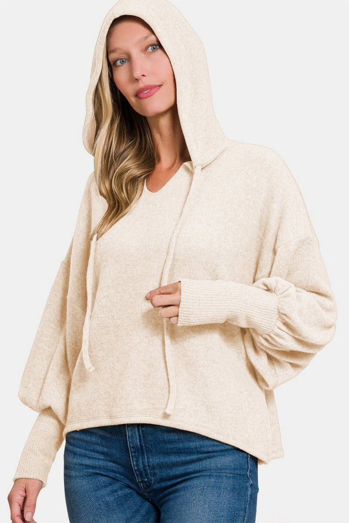 Zenana - Brushed Hacci Balloon Sleeve Hoodie - Sand Beige - Inspired Eye Boutique