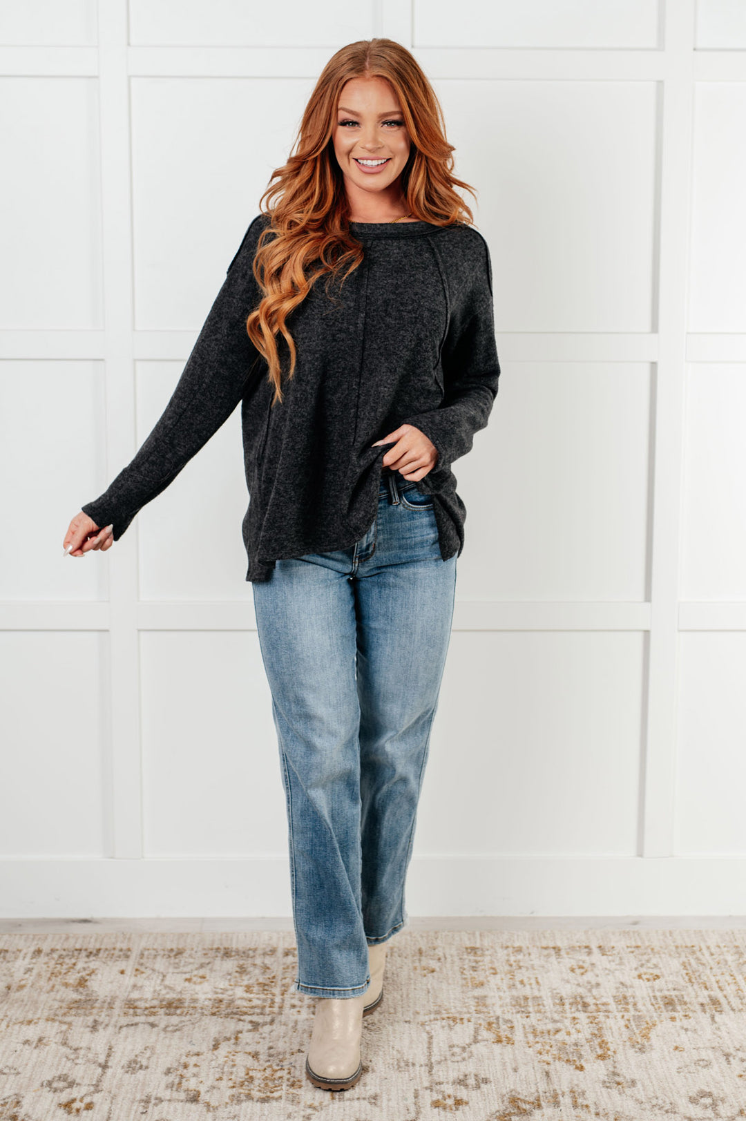 Zenana - Brushed Hacci Exposed Seam Sweater - Black - Inspired Eye Boutique