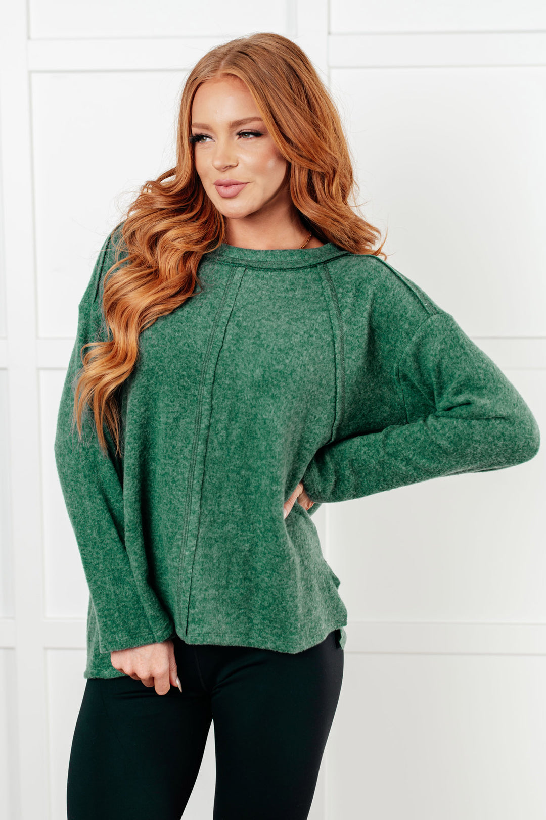 Zenana - Brushed Hacci Exposed Seam Sweater - Dark Green - Inspired Eye Boutique