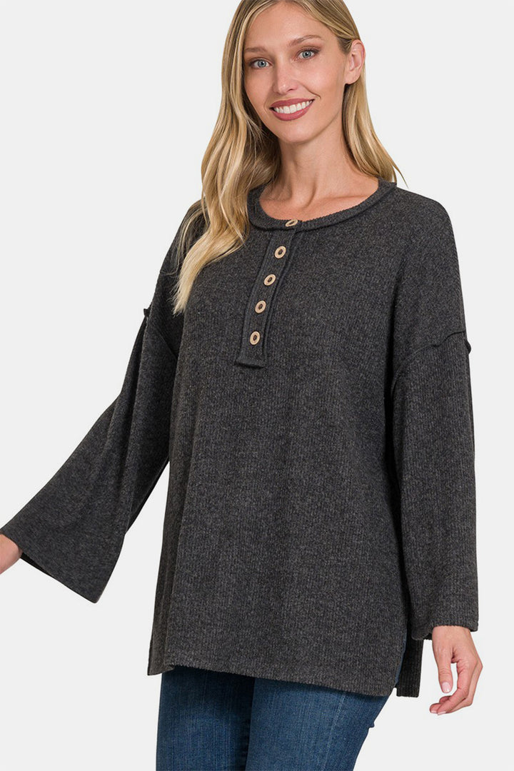 Zenana - Brushed Melange Henley Sweater - Black - Inspired Eye Boutique