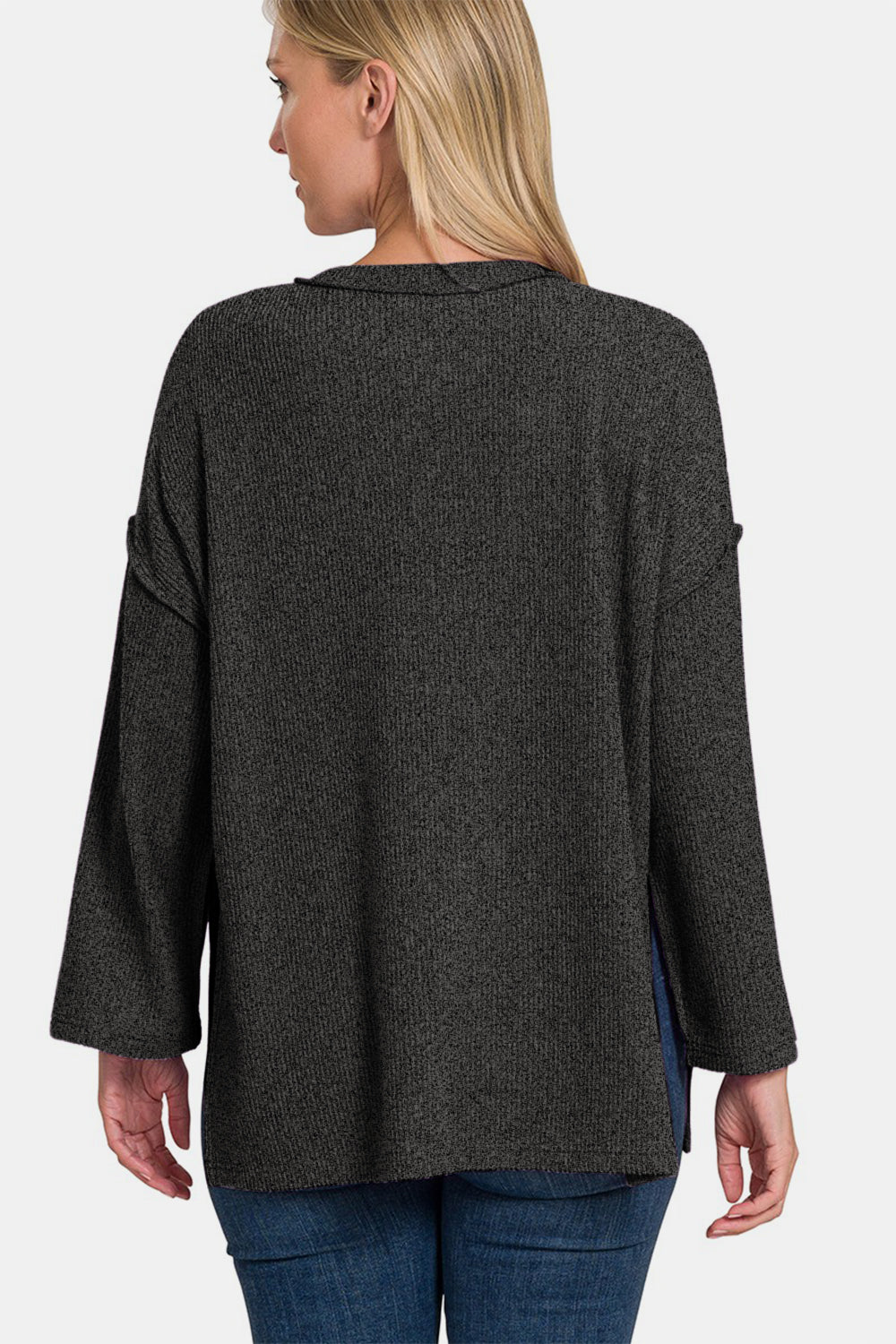 Zenana - Brushed Melange Henley Sweater - Black - Inspired Eye Boutique