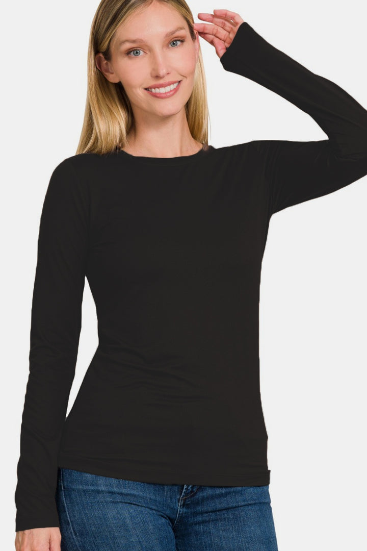 Zenana - Brushed Microfiber Long Sleeve Tee - Black - Inspired Eye Boutique