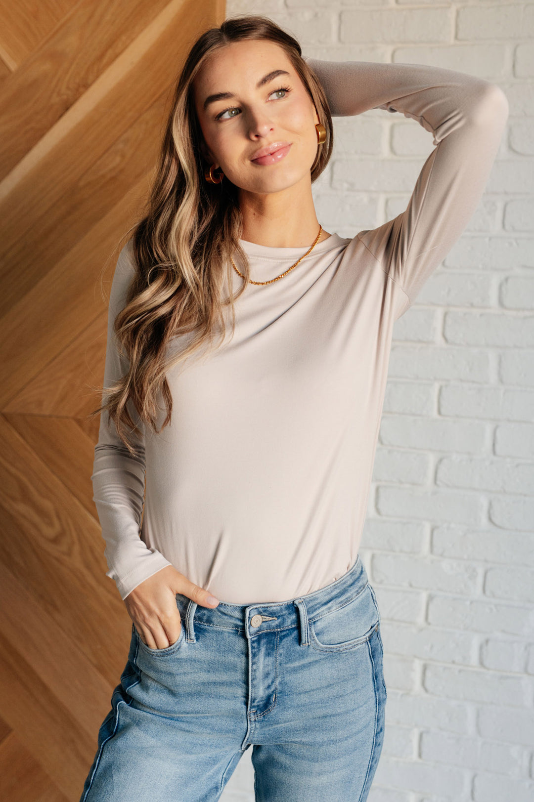 Zenana - Brushed Microfiber Long Sleeve Tee - Sand Beige - Inspired Eye Boutique