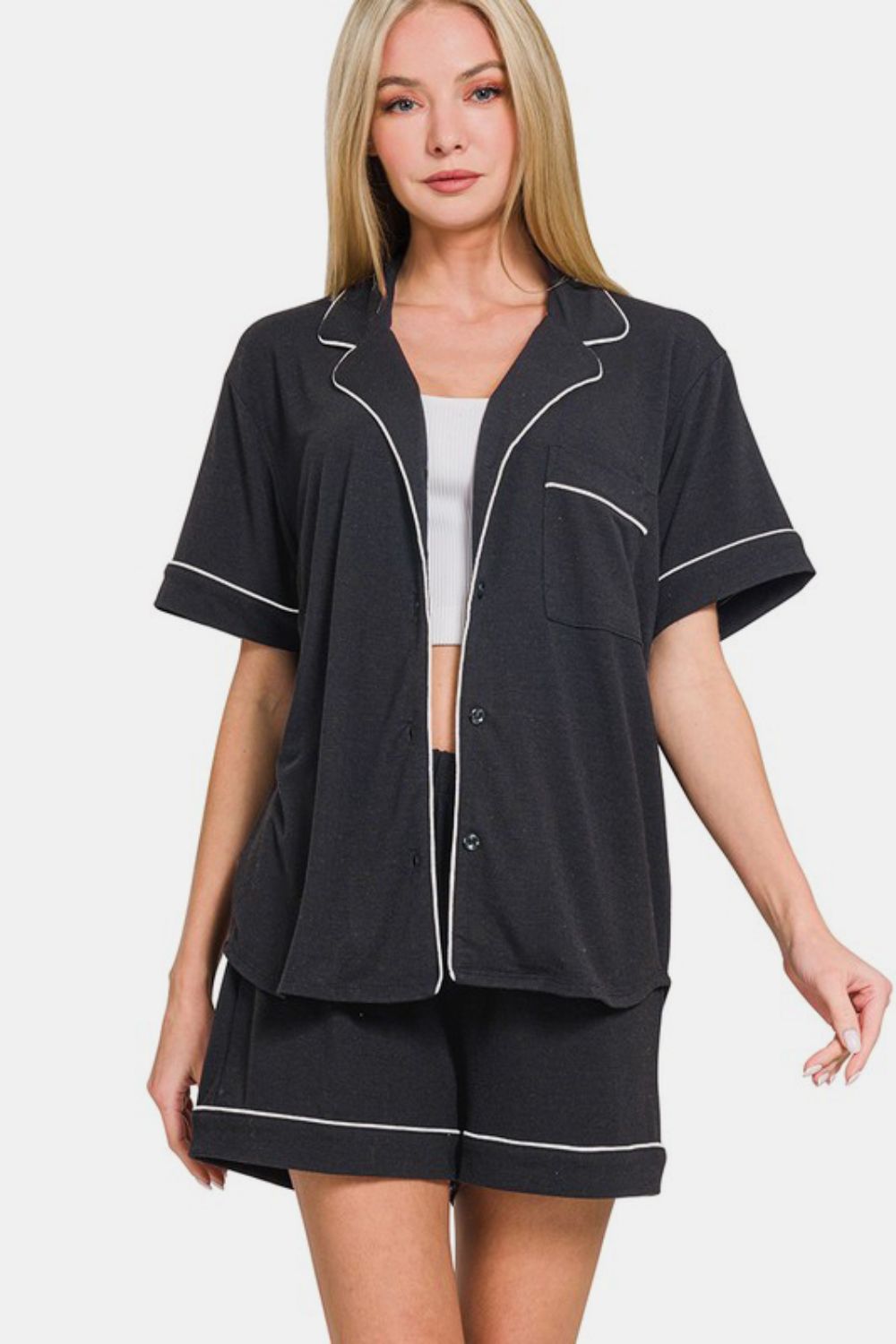 Zenana - Button Down Shirt and Shorts Set - Black - Inspired Eye Boutique