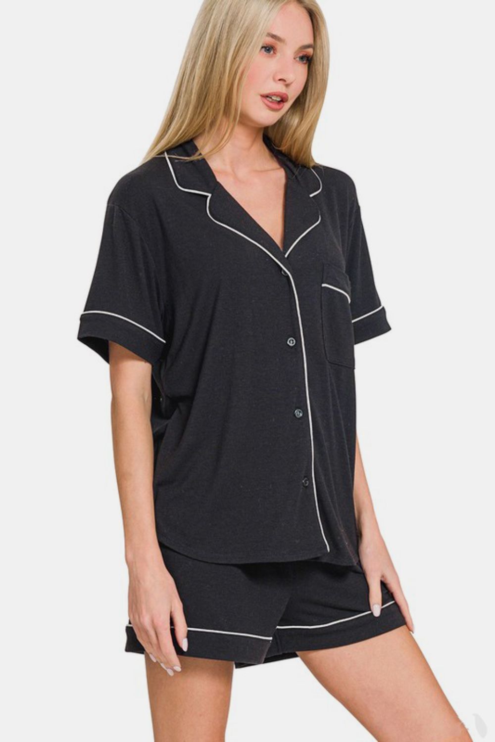 Zenana - Button Down Shirt and Shorts Set - Black - Inspired Eye Boutique