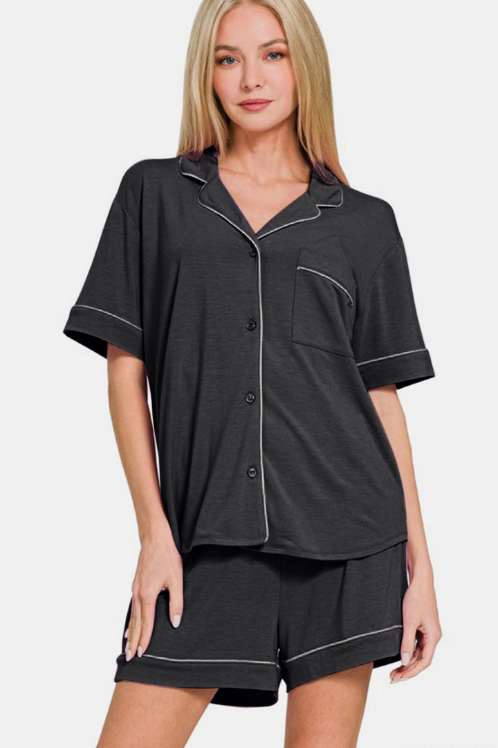 Zenana - Button Down Shirt and Shorts Set - Black - Inspired Eye Boutique