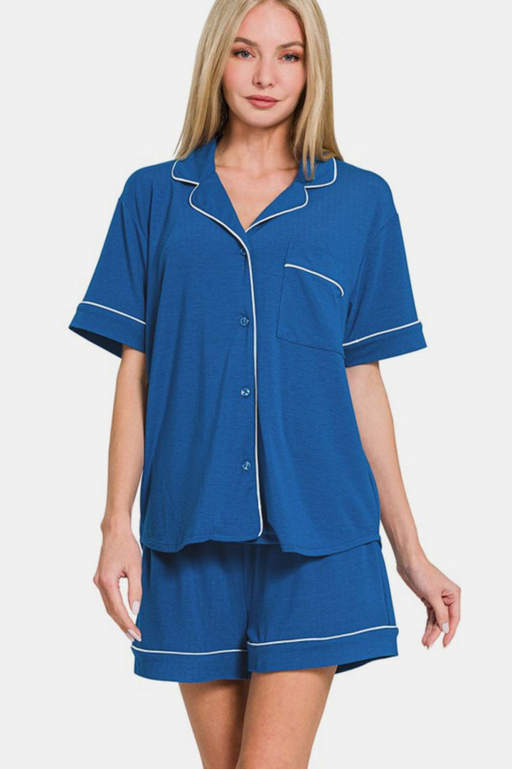 Zenana - Button Down Shirt and Shorts Set - Classic Blue - Inspired Eye Boutique