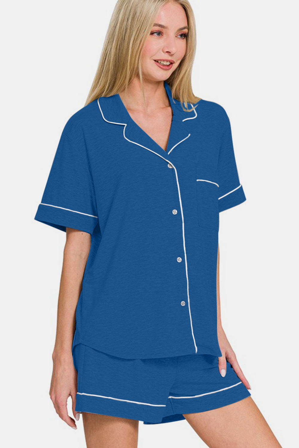 Zenana - Button Down Shirt and Shorts Set - Classic Blue - Inspired Eye Boutique