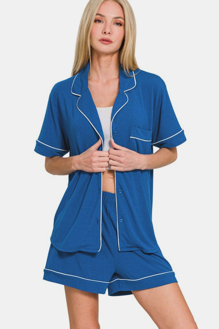 Zenana - Button Down Shirt and Shorts Set - Classic Blue - Inspired Eye Boutique