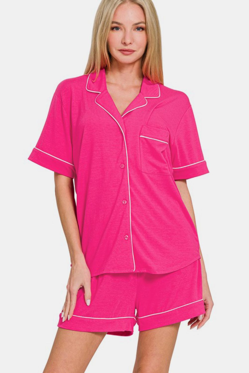 Zenana - Button Down Shirt and Shorts Set - Hot Pink - Inspired Eye Boutique