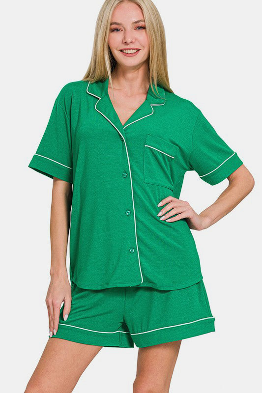 Zenana - Button Down Shirt and Shorts Set - Kelly Green - Inspired Eye Boutique