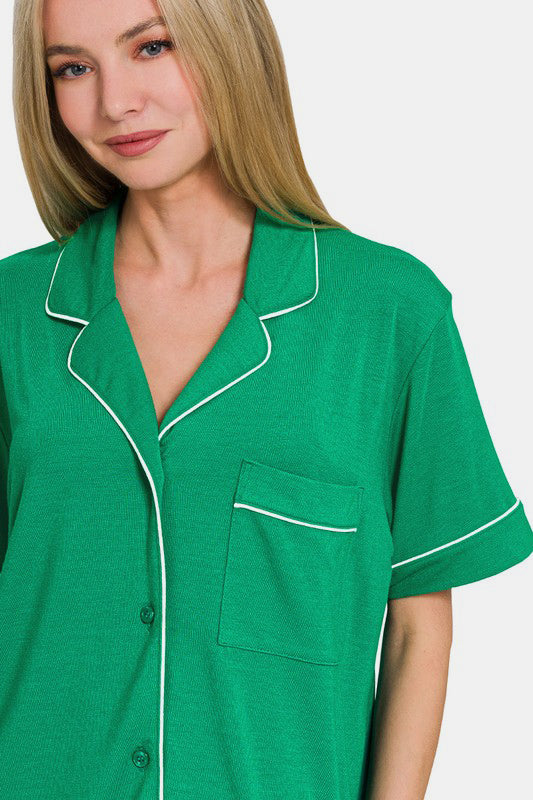 Zenana - Button Down Shirt and Shorts Set - Kelly Green - Inspired Eye Boutique