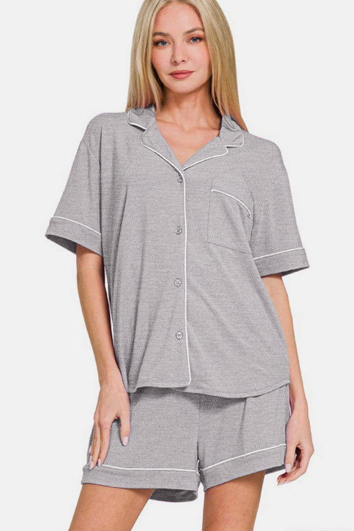 Zenana - Button Down Shirt and Shorts Set - Light Gray - Inspired Eye Boutique