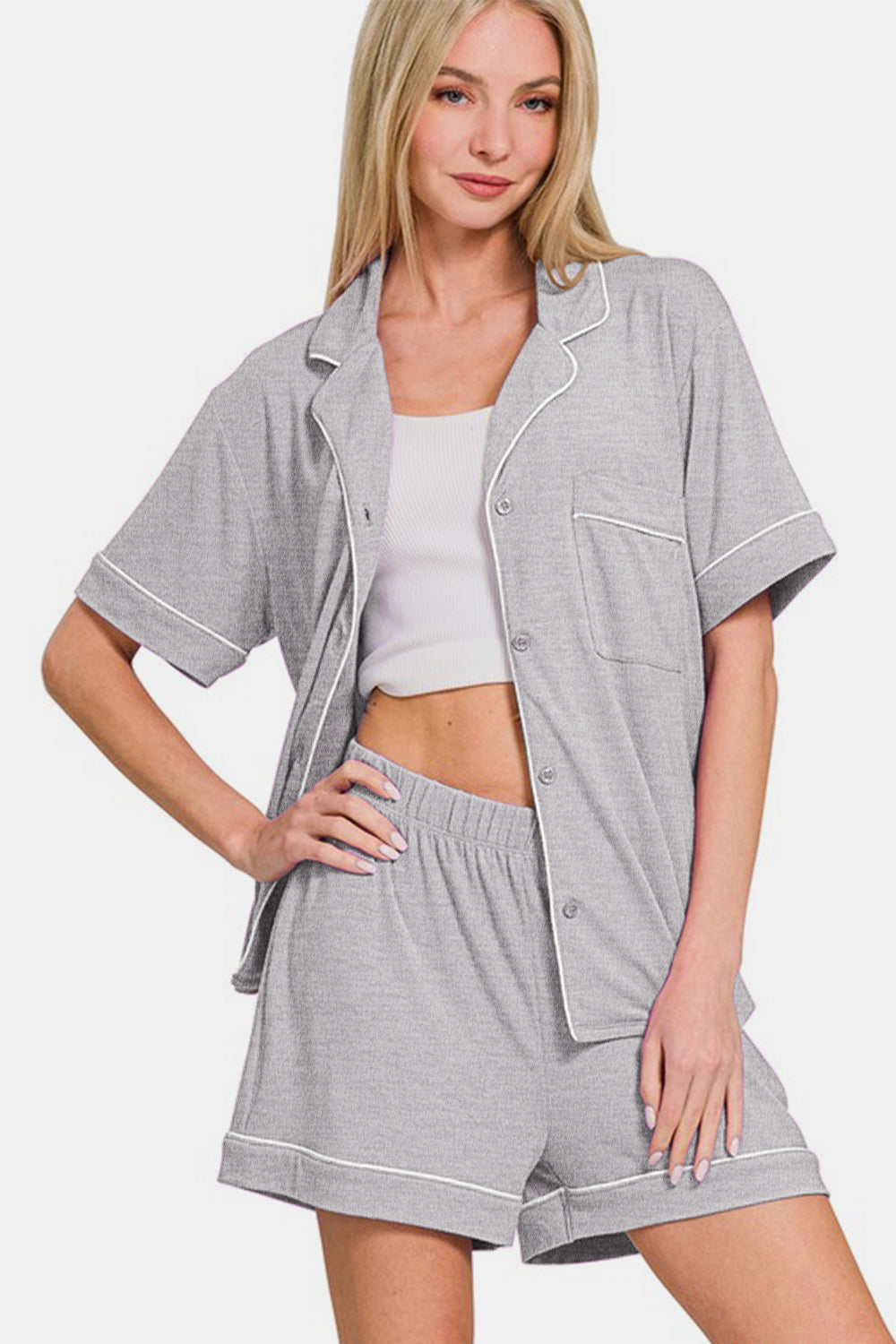 Zenana - Button Down Shirt and Shorts Set - Light Gray - Inspired Eye Boutique