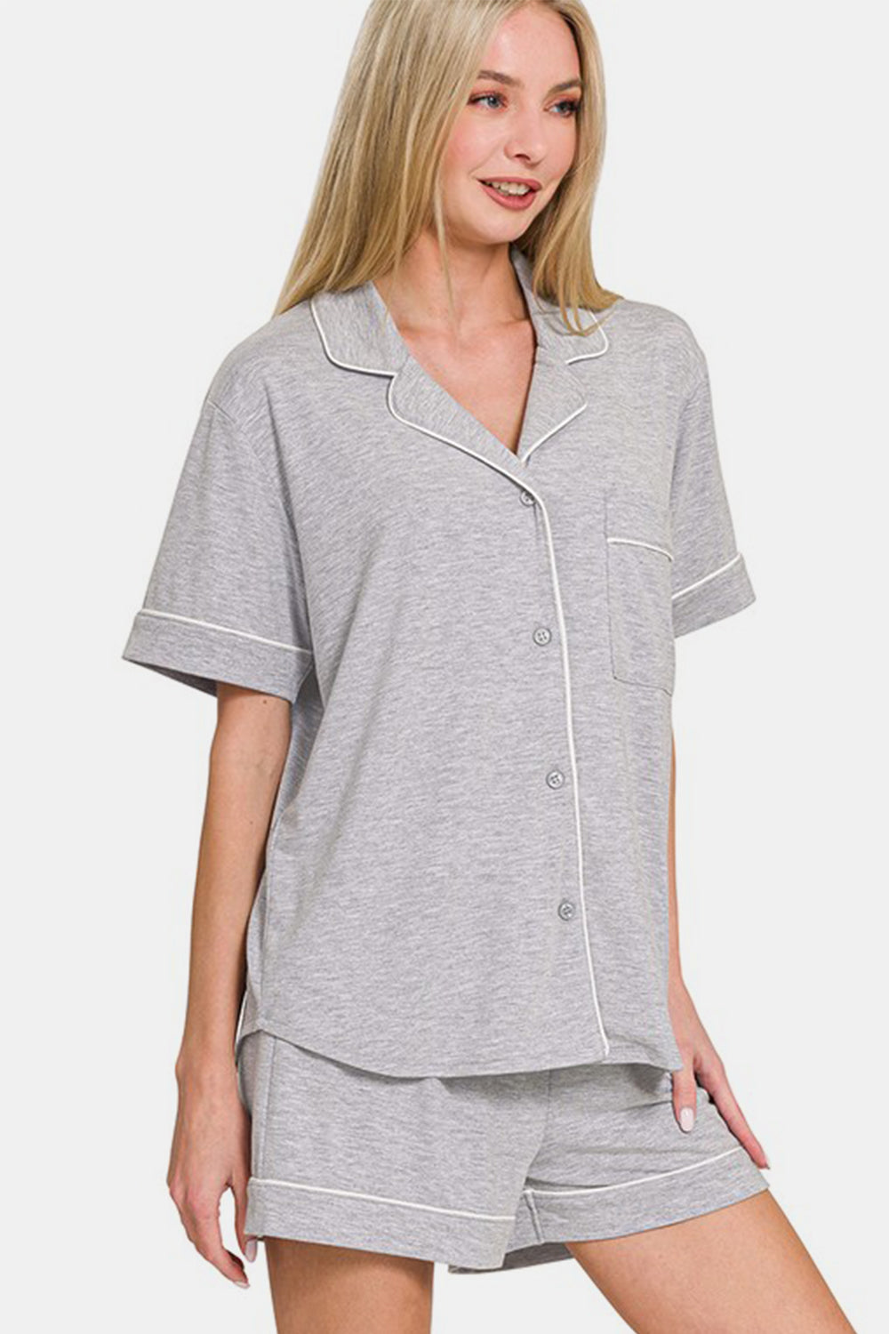 Zenana - Button Down Shirt and Shorts Set - Light Gray - Inspired Eye Boutique