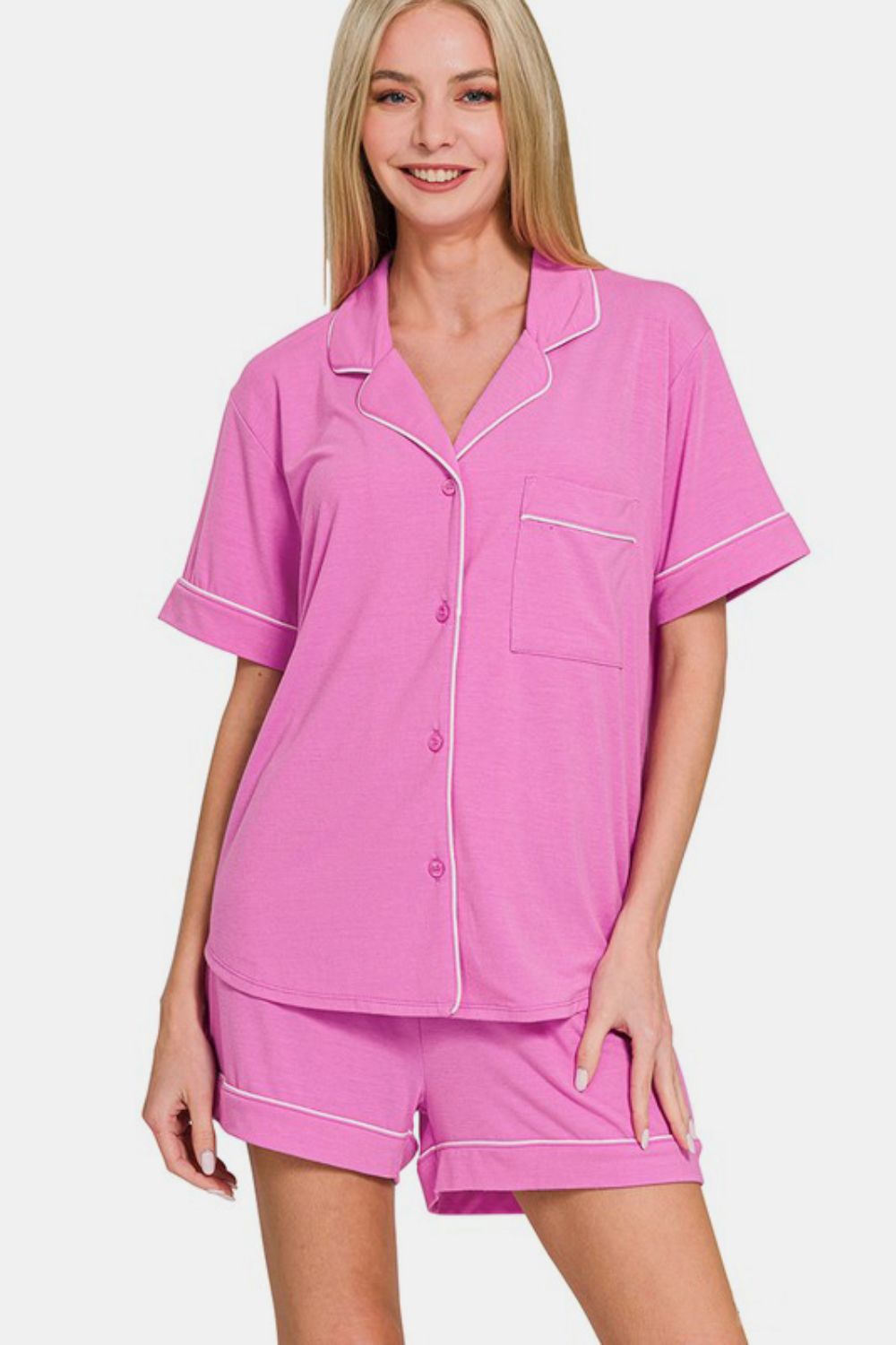 Zenana - Button Down Shirt and Shorts Set - Mauve - Inspired Eye Boutique