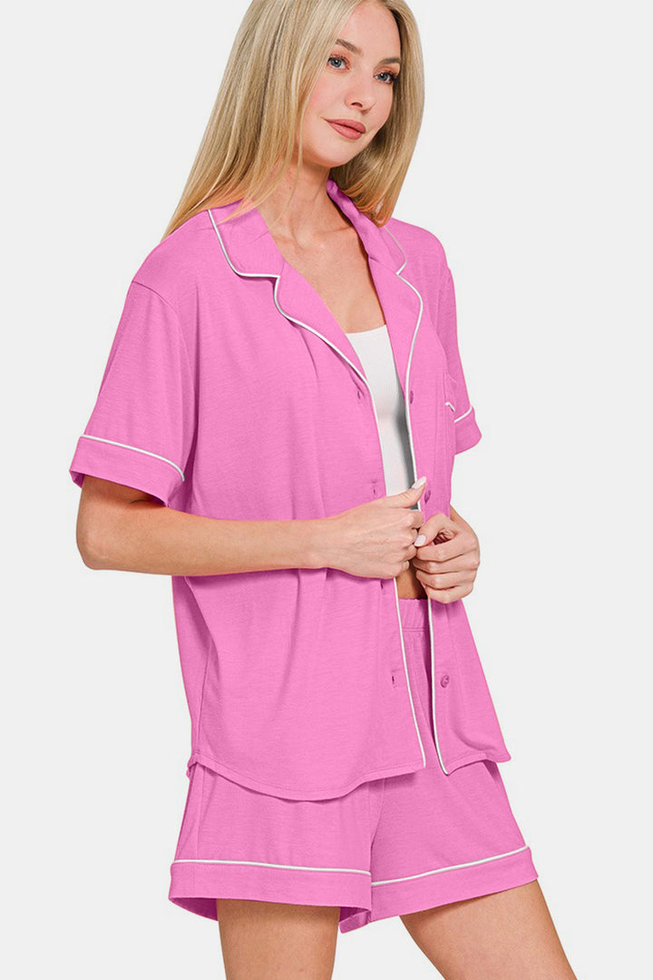 Zenana - Button Down Shirt and Shorts Set - Mauve - Inspired Eye Boutique