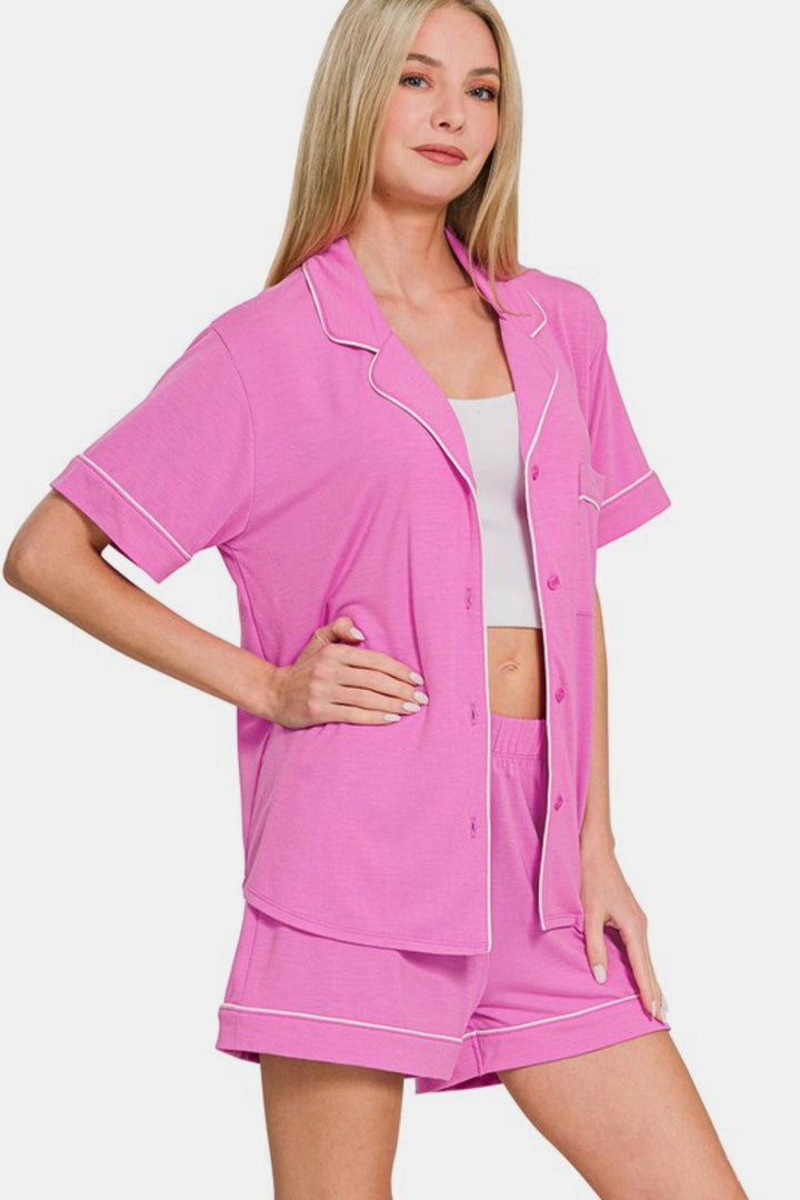 Zenana - Button Down Shirt and Shorts Set - Mauve - Inspired Eye Boutique