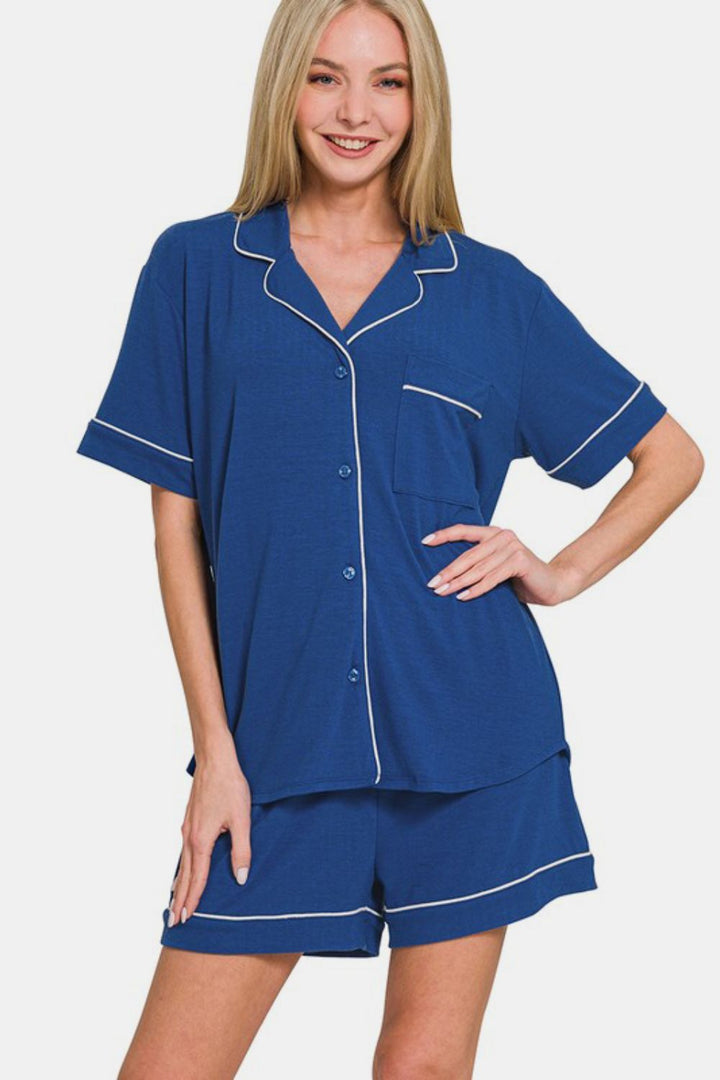 Zenana - Button Down Shirt and Shorts Set - Navy - Inspired Eye Boutique