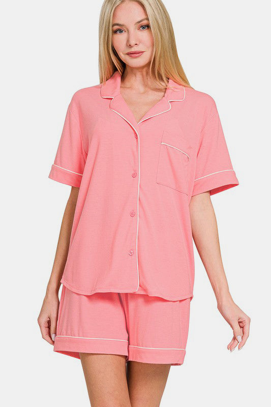 Zenana - Button Down Shirt and Shorts Set - Pink - Inspired Eye Boutique