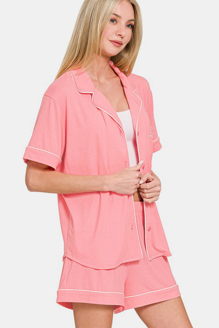 Zenana - Button Down Shirt and Shorts Set - Pink - Inspired Eye Boutique