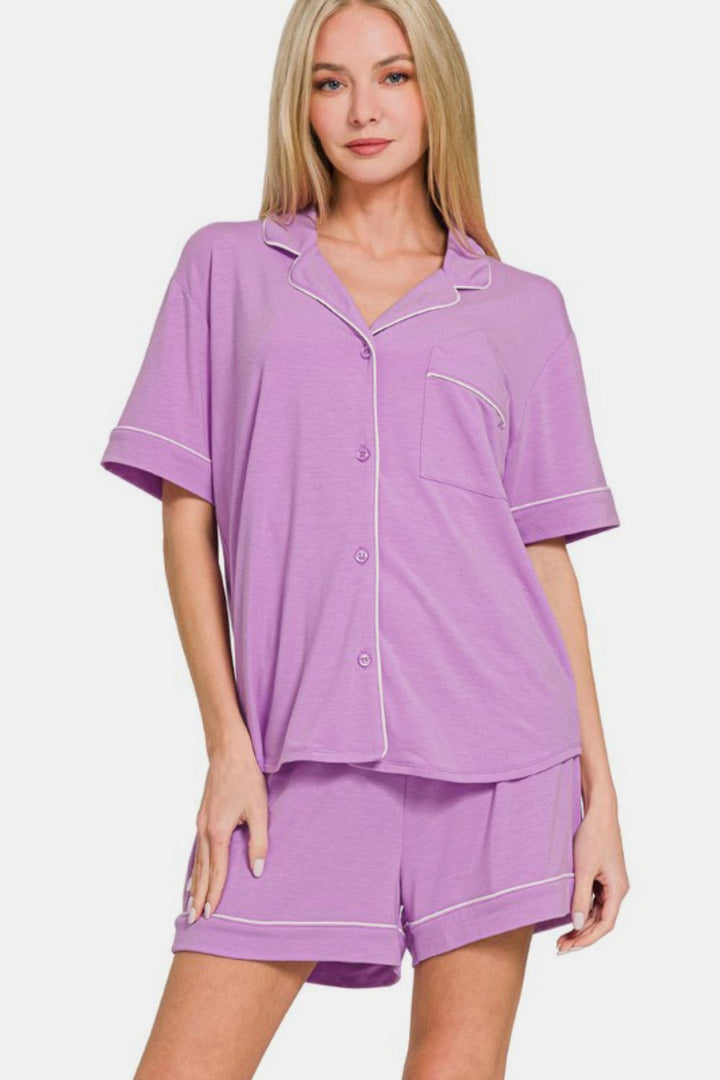 Zenana - Button Down Shirt and Shorts Set - Purple - Inspired Eye Boutique