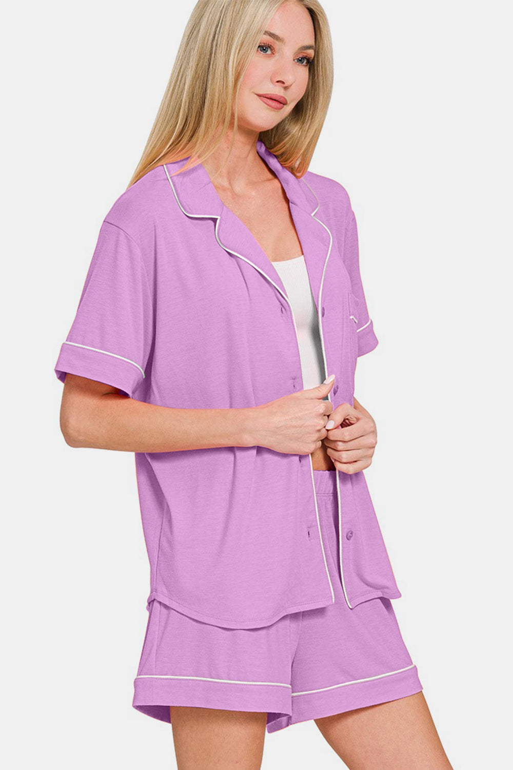 Zenana - Button Down Shirt and Shorts Set - Purple - Inspired Eye Boutique