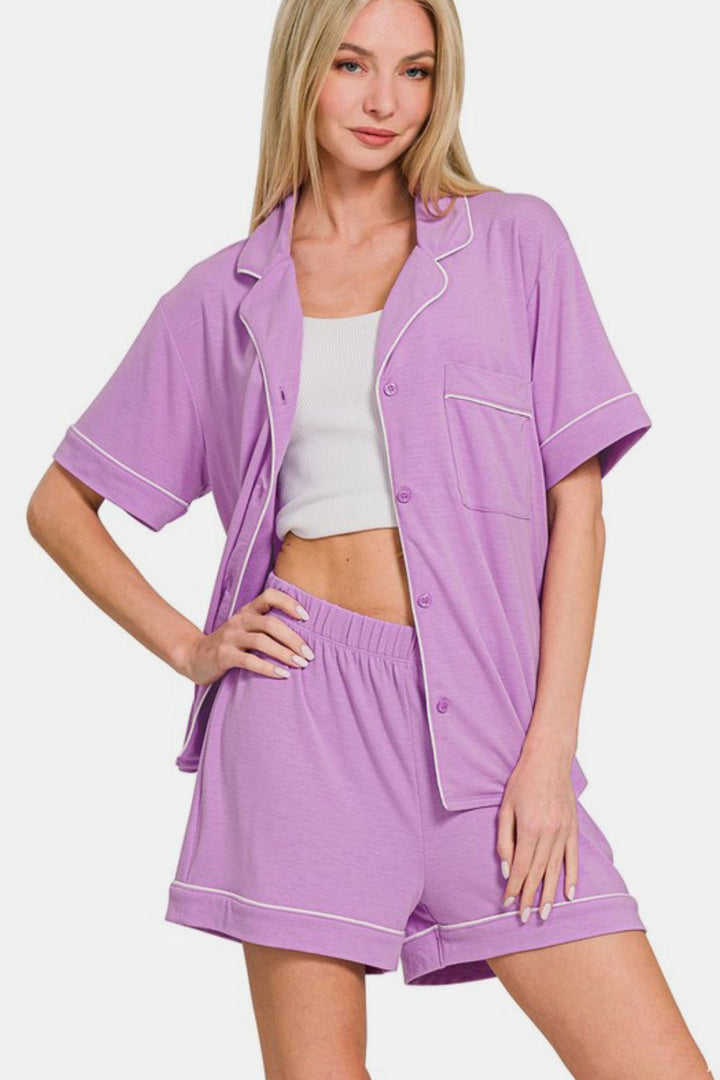 Zenana - Button Down Shirt and Shorts Set - Purple - Inspired Eye Boutique