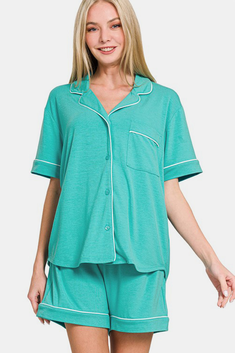 Zenana - Button Down Shirt and Shorts Set - Turquoise - Inspired Eye Boutique