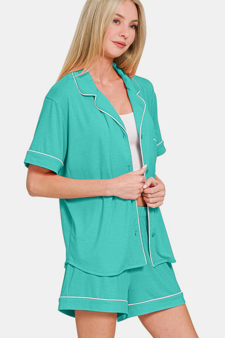 Zenana - Button Down Shirt and Shorts Set - Turquoise - Inspired Eye Boutique