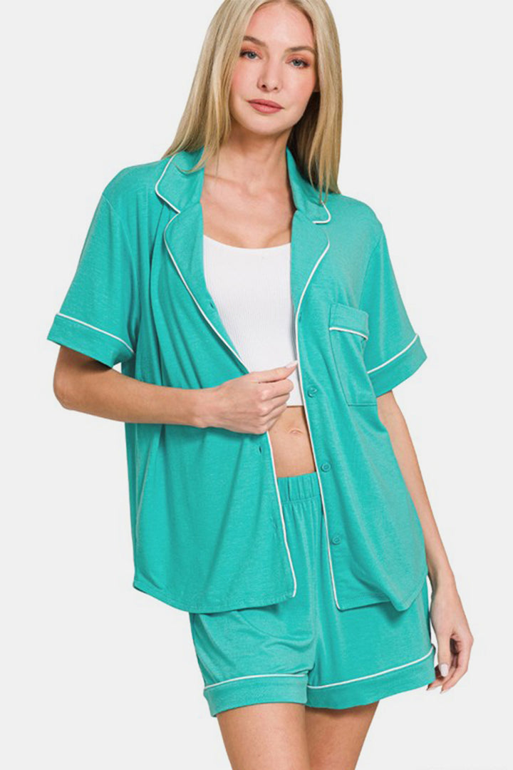 Zenana - Button Down Shirt and Shorts Set - Turquoise - Inspired Eye Boutique