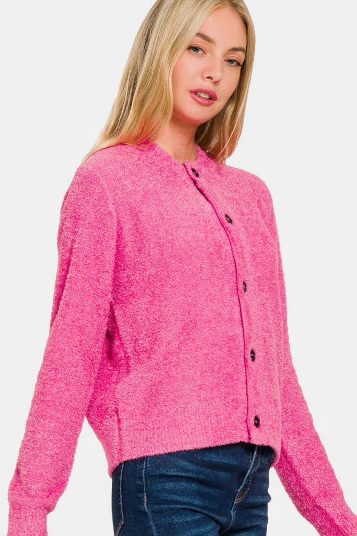 Zenana - Button Front Cardigan Sweater - Fuchsia - Inspired Eye Boutique