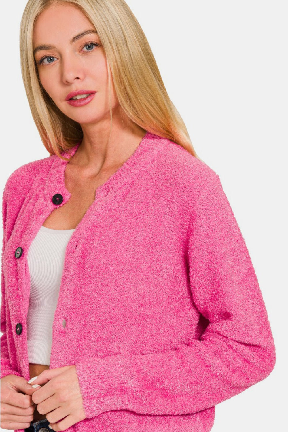 Zenana - Button Front Cardigan Sweater - Fuchsia - Inspired Eye Boutique