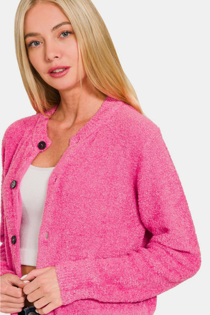 Zenana - Button Front Cardigan Sweater - Fuchsia - Inspired Eye Boutique