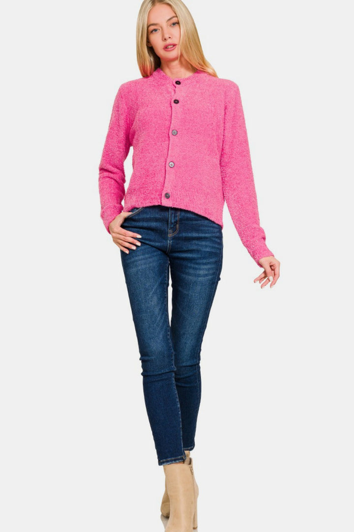 Zenana - Button Front Cardigan Sweater - Fuchsia - Inspired Eye Boutique