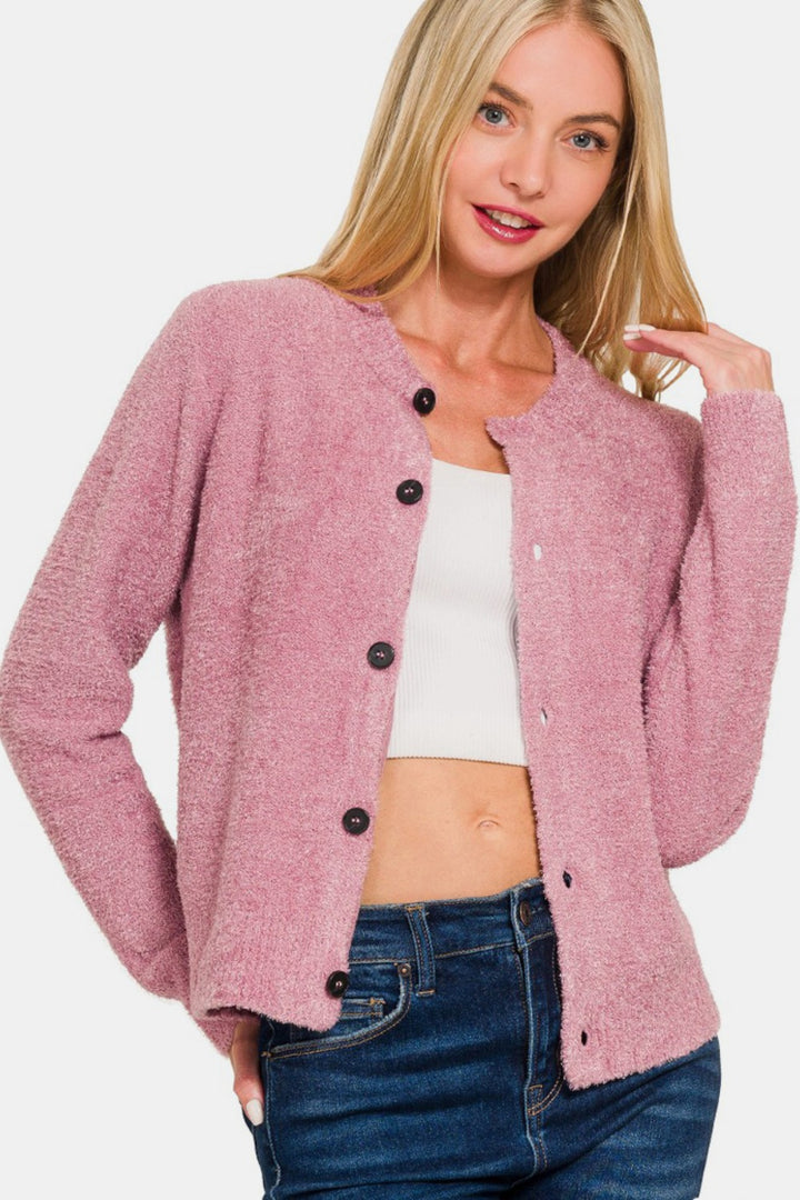 Zenana - Button Front Cardigan Sweater - Light Rose - Inspired Eye Boutique