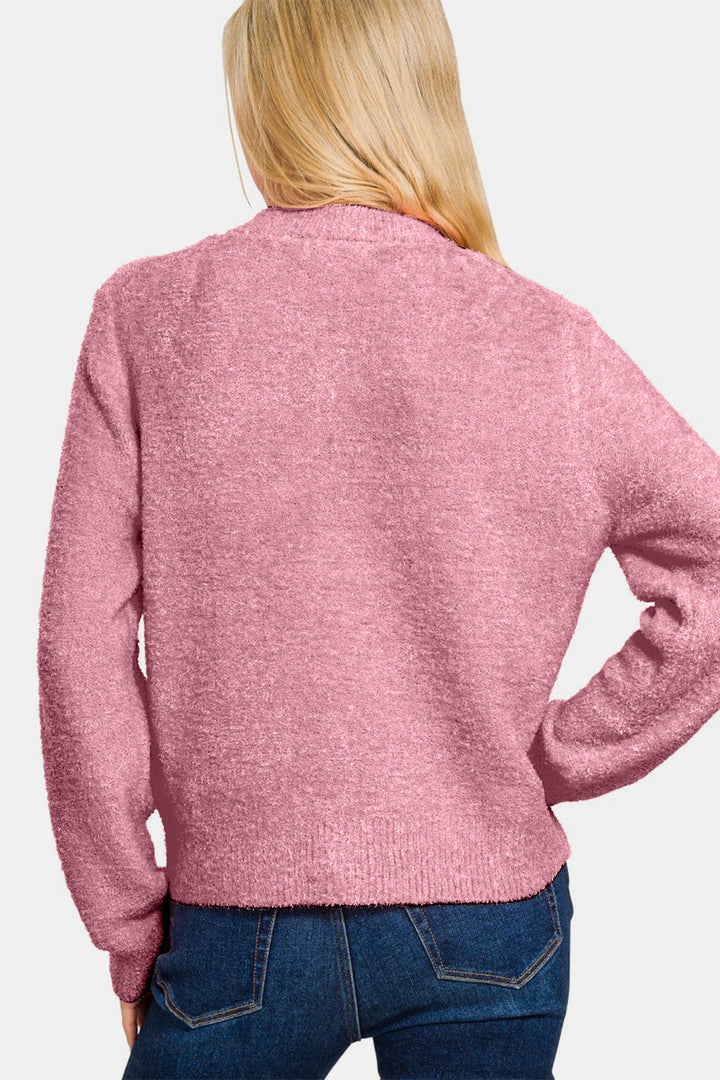 Zenana - Button Front Cardigan Sweater - Light Rose - Inspired Eye Boutique