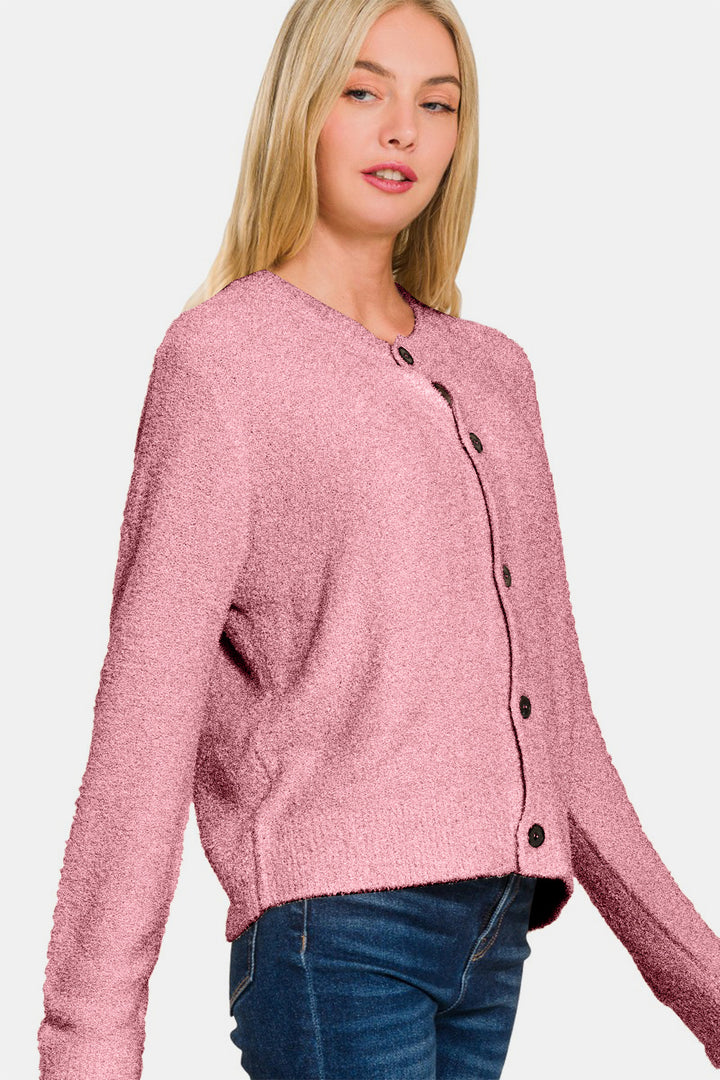 Zenana - Button Front Cardigan Sweater - Light Rose - Inspired Eye Boutique