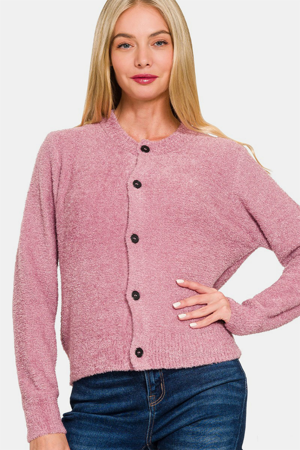 Zenana - Button Front Cardigan Sweater - Light Rose - Inspired Eye Boutique