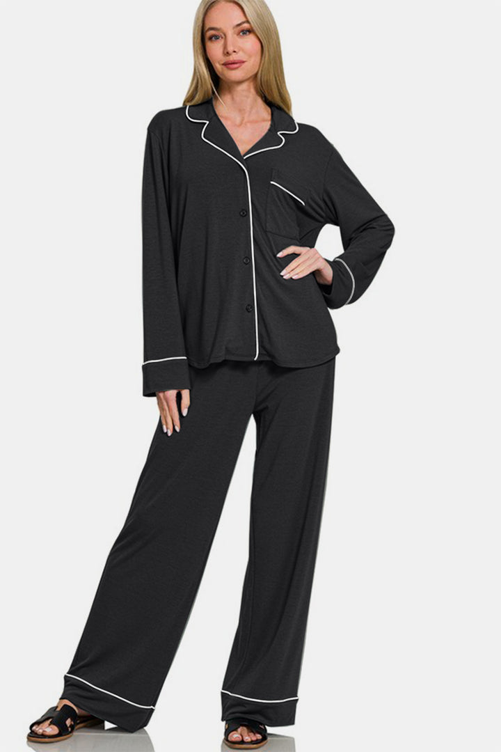 Zenana - Button Front Long Sleeve Top and Pants Set - Black - Inspired Eye Boutique