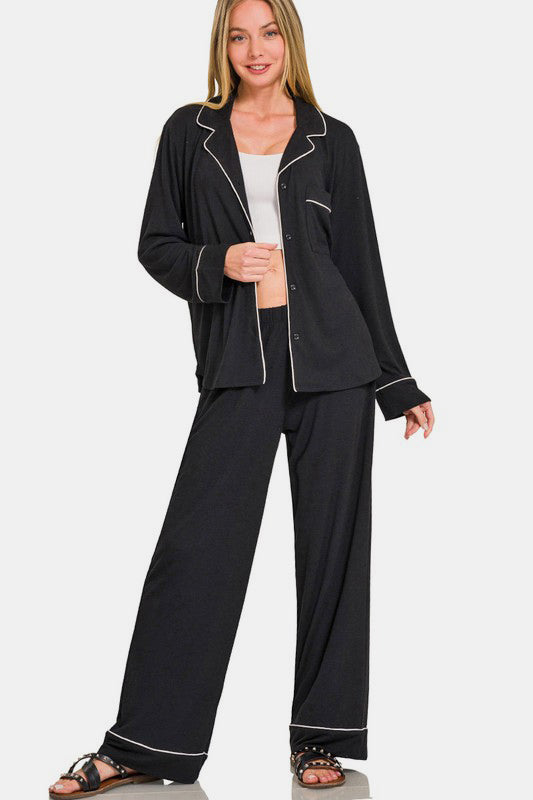 Zenana - Button Front Long Sleeve Top and Pants Set - Black - Inspired Eye Boutique