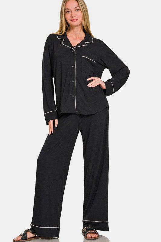 Zenana - Button Front Long Sleeve Top and Pants Set - Black - Inspired Eye Boutique