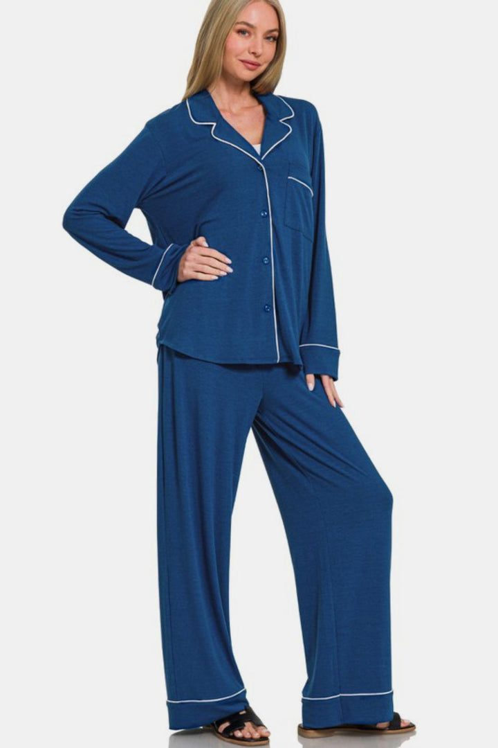 Zenana - Button Front Long Sleeve Top and Pants Set - Blue - Inspired Eye Boutique