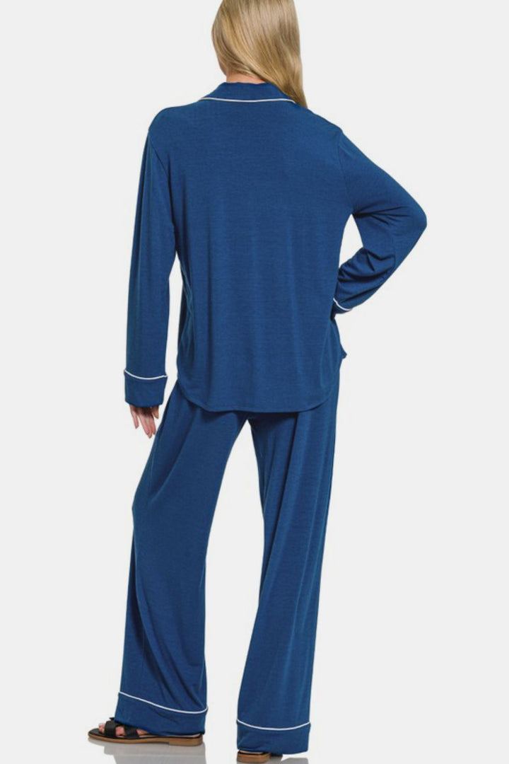 Zenana - Button Front Long Sleeve Top and Pants Set - Blue - Inspired Eye Boutique