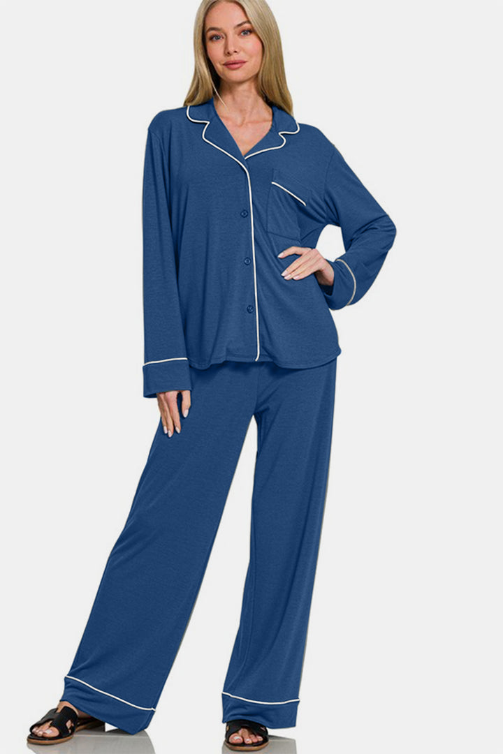 Zenana - Button Front Long Sleeve Top and Pants Set - Blue - Inspired Eye Boutique