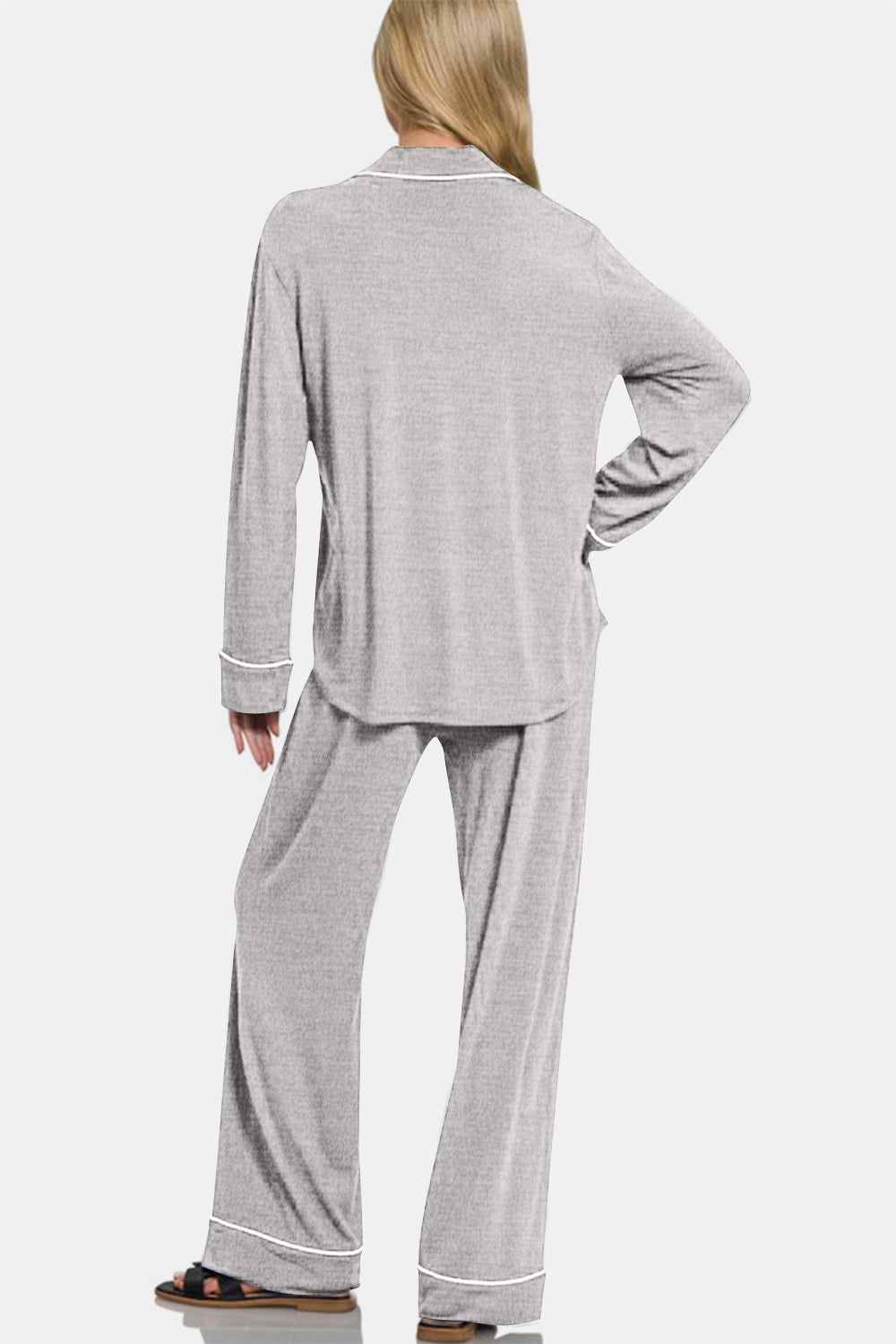 Zenana - Button Front Long Sleeve Top and Pants Set - Light Gray - Inspired Eye Boutique